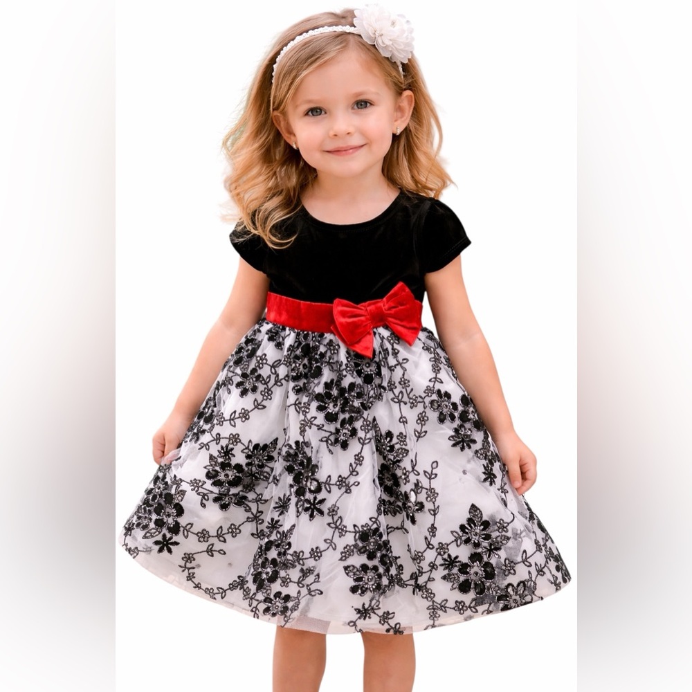 Nannette Elegant Black and White Dress with Red Accent